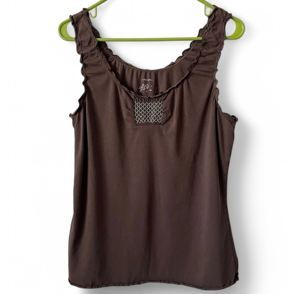 Y2K Chocolate Brown Ruched Tank Top Smocked Detail Scoop Neck Stretch Med Earthy